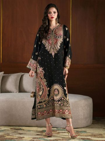 Black Kaftan Dress Heavy Embroidered Charmeuse Silk Kaftan with Silk Dupatta (Unstitched) (Code:183213)