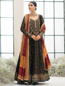 Glamorous Heavily Embroidered Black Chiffon Maxi Dress for Weddings (Unstitched) (Code:182881)