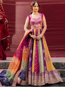 BIN ILYAS Heavy Embroidered Multicolor Raw Silk Bridal Maxi Dress with Chunri Print Emb. Organza Dupatta (Unstitched) (Code:182893)