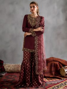 Glamorous Chiffon Iznik Embroidered Dress with Graceful 4-Sided Embroidered Dupatta – Unstitched (Code:183254)