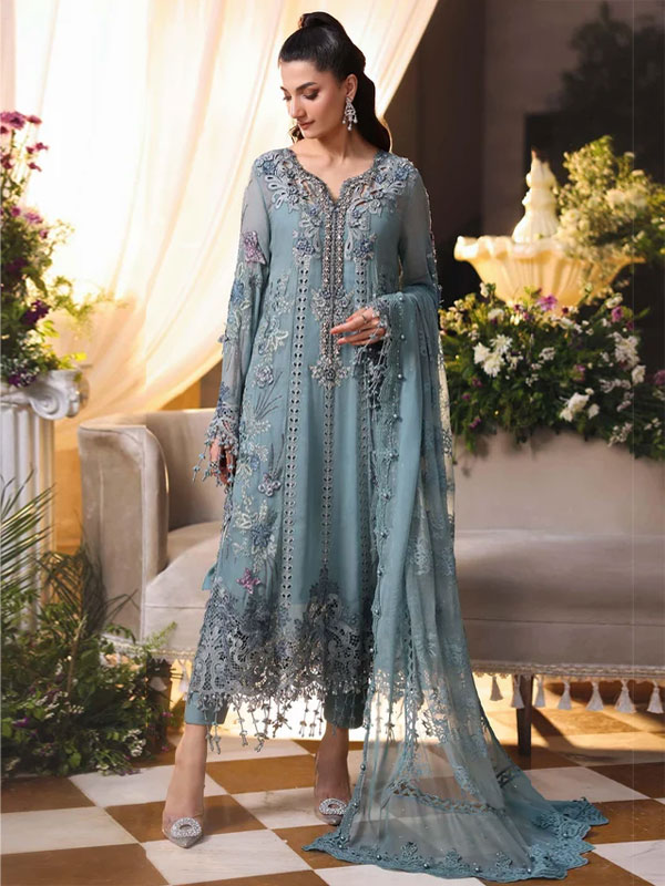 Maria B Heavy Embroidered Dusty Blue Chiffon Wedding Dress 2026 with Handcrafted Detailing (Unstitched) (Code:182887)