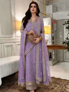 FAIZA SAQLAIN Chiffon Adda Work Heavy Embroidered Dress With Cluch With 4 Sided Embroidered Dupatta (Unstitched) (Code:183048)