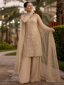 Emarlad Skin Beige Organza Wedding Dress with Rich Embellishments for Brides & Formal Events (Unstitched) (Code:182877)