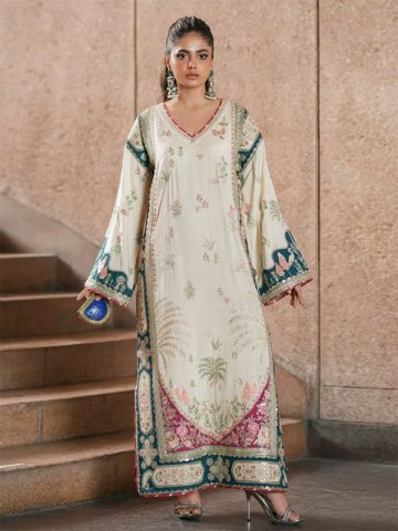 Off White Shamoz Silk Kaftan Dress Heavy Embroidered Modern 3 Piece Suit (Unstitched) (Code:183207)