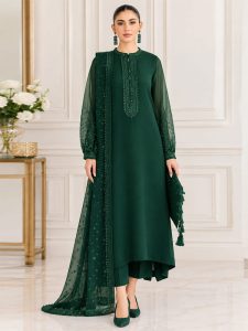 Baroque Bottle Green Embroidered Chiffon Party Wear Dress – 3 Piece Unstitched (Code:183344)