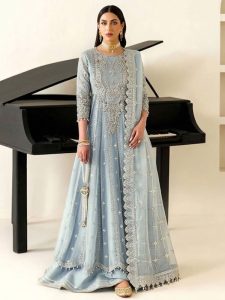 Elegant Heavy Embroidered Powder Blue Chiffon Formal Maxi Dress With 4-Side Chiffon Embroidered Dupatta (Unstitched) (Code:183434)