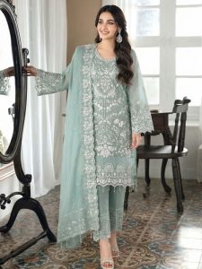 Sage Green Embroidered Organza Party Wear Dress with Embroidered Organza Dupatta (Unstitched) (Code:183627)