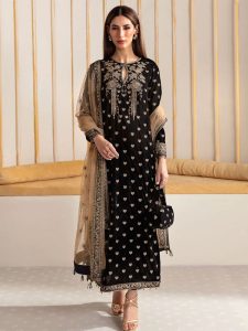 Black Velvet Handwork Heavy Embroidered Wedding Dress with 4-Sided Embroidered Net Dupatta – Unstitched (Code:183647)