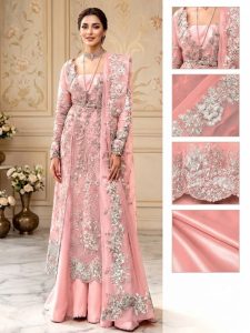 SORAYA Elegant Luxury Embroidered & 3D Flower Hand Embellished Peach Organza Wedding Dress With Embroidery NET Dupatta (Unstitched) (Code:183555)