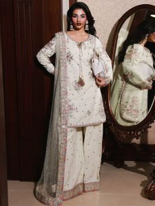 Raw Silk Embroidered Party Wear Dress with Embroidered Net Dupatta – Unstitched (Code:183644)