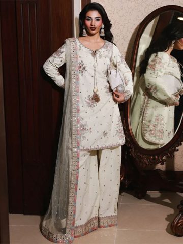 Raw Silk Embroidered Party Wear Dress with Embroidered Net Dupatta – Unstitched (Code:183644)