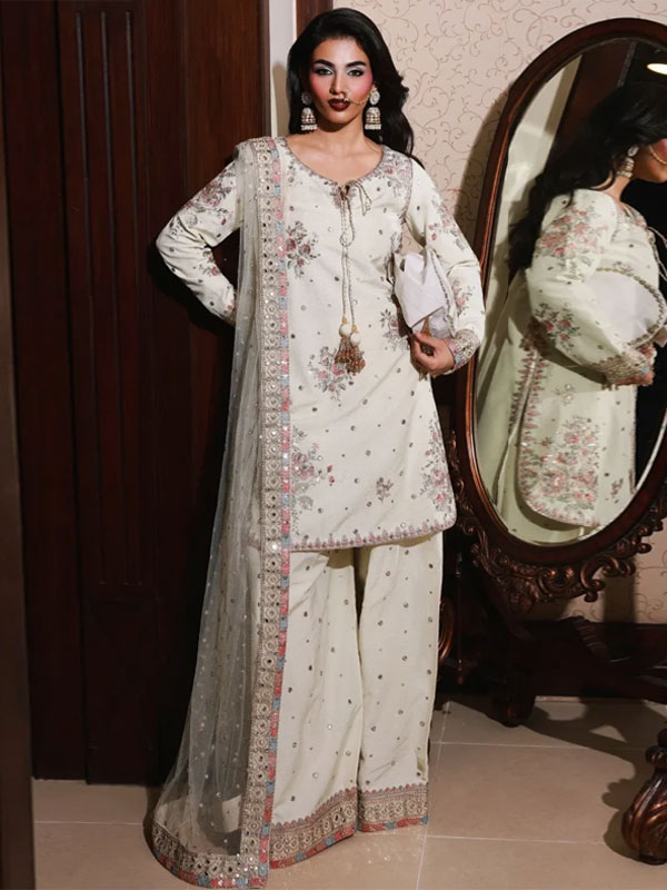 Raw Silk Embroidered Party Wear Dress with Embroidered Net Dupatta – Unstitched (Code:183644)