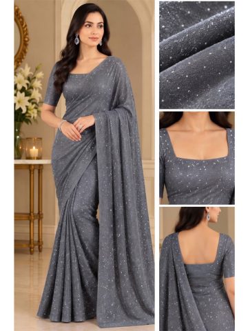 Dark Grey Shimmer Moonlight Unstitched Saree for Women | Wedding Wear 7 Meter Fabric with Blouse (Code:183731)