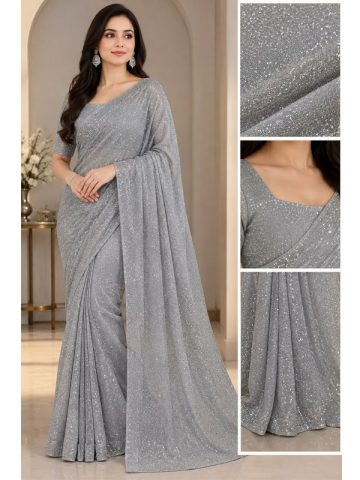 Grey Shimmer Moonlight Unstitched Saree for Women | Wedding Wear 7 Meter Fabric with Blouse (Code:183723)