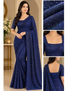 Navy Blue Shimmer Moonlight Unstitched Saree for Women | Wedding Wear 7 Meter Fabric with Blouse (Code:183725)