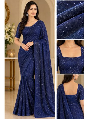 Navy Blue Shimmer Moonlight Unstitched Saree for Women | Wedding Wear 7 Meter Fabric with Blouse (Code:183725)