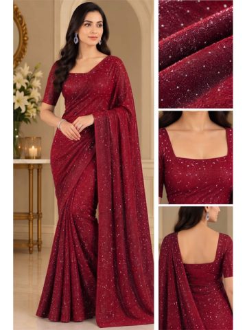 Red Shimmer Moonlight Unstitched Saree for Women | Wedding Wear 7 Meter Fabric with Blouse (Code:183728)