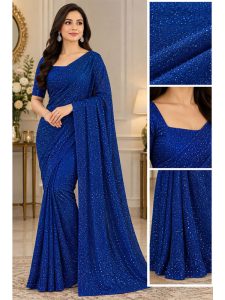 Royal Blue Shimmer Saree for Women | Wedding Party Wear Unstitched Saree 7 Meter (Code:183708)