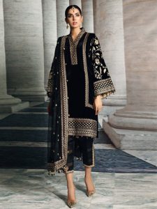 Black Velvet Wedding Dress with 4-Sided Embroidered Net Dupatta – Stylish Unstitched (Code:183664)